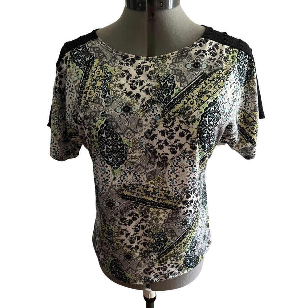 Bleeker & McDougal Womens Patterned Short Sleeve Top Lace Shoulder Design PS